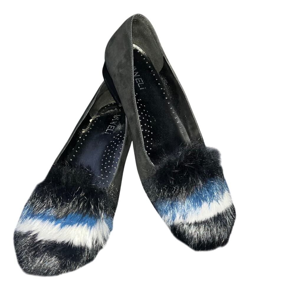 VANELi Edel Black Suede Combo Rabbit Fur Black Blue Gray Flat Slip On Flats 7.5W
